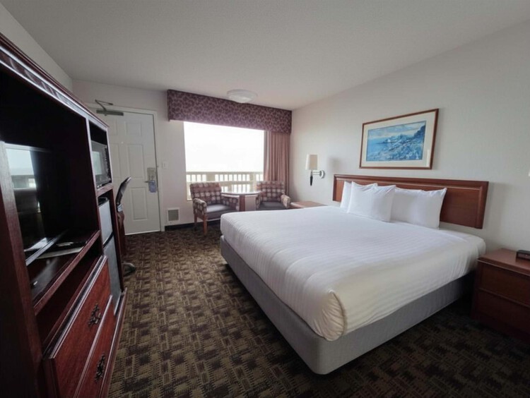 Guest room with one king bed and a large window