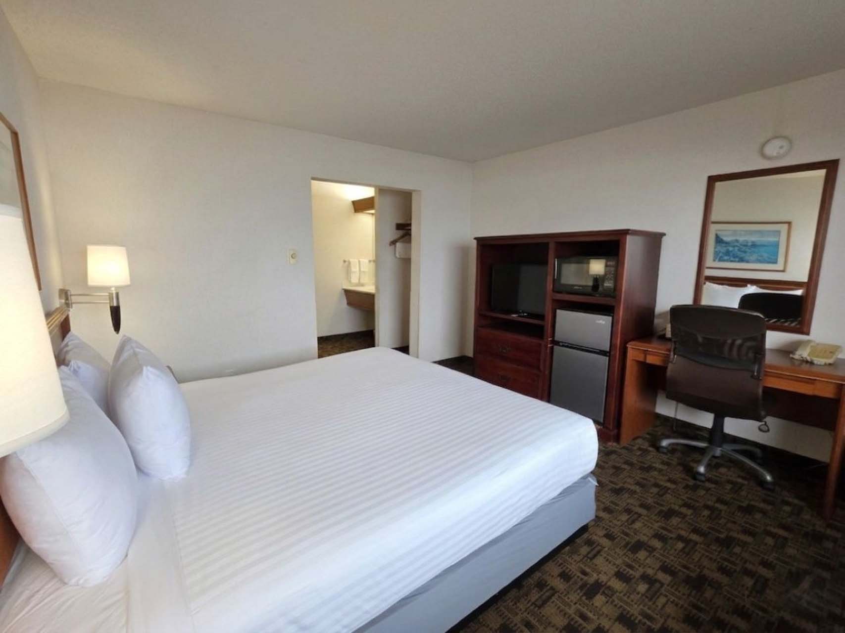 Guest room with a king bed, a desk, and a TV